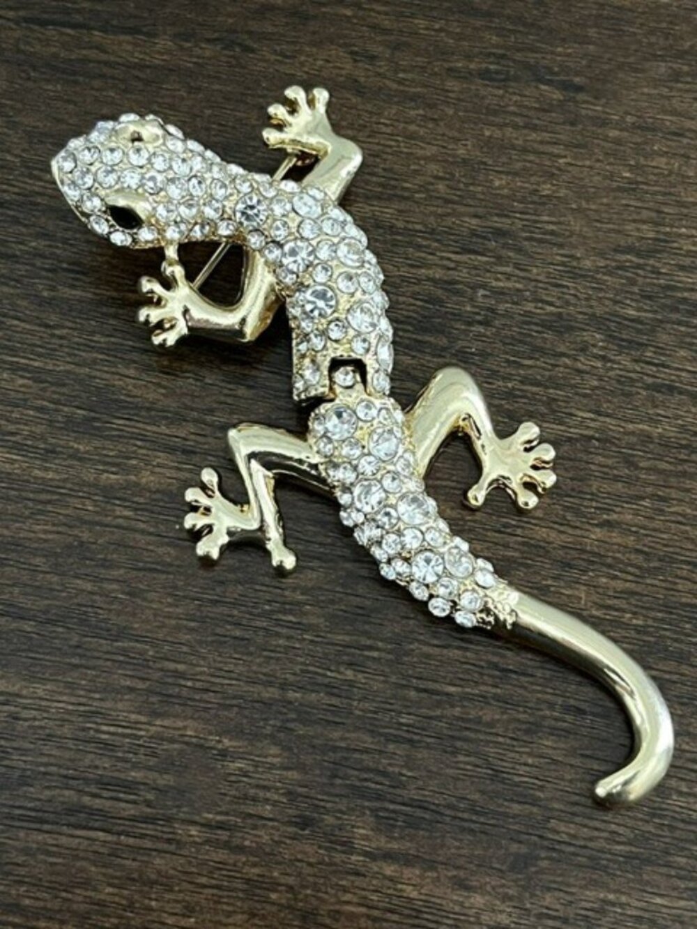 Lizard Brooch Pin Rhinestone Gold Tone Setting